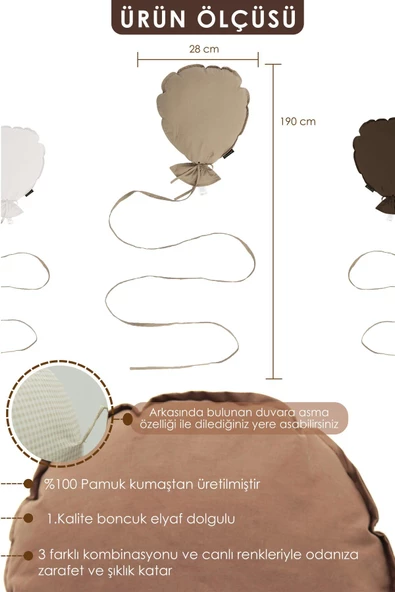 MORDESİGN Çocuk Odası Dekorasyonu 3'lü Balon Set, Bebek Odası Dekoratif Balon, Duvar Dekorasyonu - 5