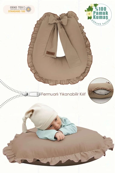 MORDESİGN Fırfırlı Emzirme Yastığı, Bebek Destek Minderi, Hamile Yastığı, Pamuk Kumaş, Ruffle Seri, Kapiçino