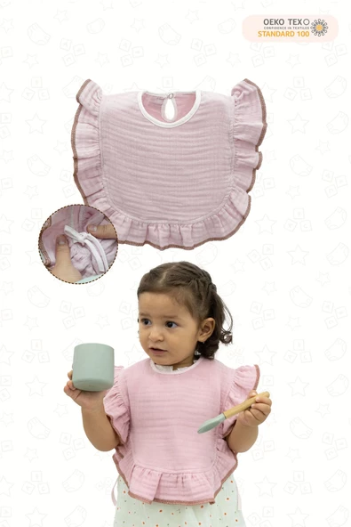 MORDESİGN Bebek Mama Önlüğü %100 Pamuk 4 kat Müslin Kumaş,Diş Çıkarma Besleme Salya Önlüğü,Ruffle Seri Pudra