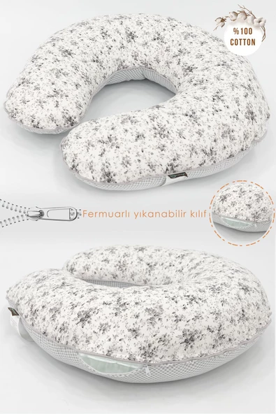 MORDESİGN Çift Taraflı Emzirme Yastığı /bebek Destek Minderi, Hamile Yastığı, Pamuk Kumaş, Çıtır Seri, Gri
