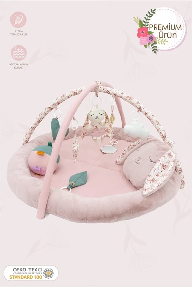 MORDESİGN Bebek Oyun Alanı, Tavşanlı Bebek Aktivite Matı, Güvenli ve Yumuşak Oyun Matı, Baby Gym Serisi, Pudra - 2