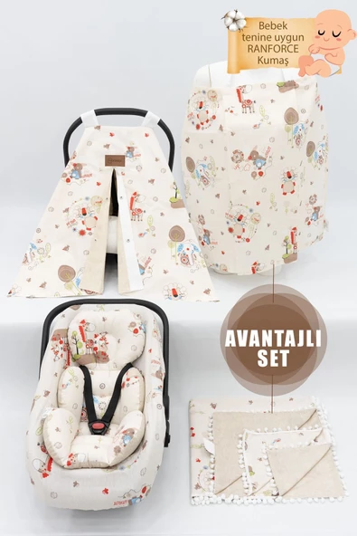 MORDESİGN Ortopedik Bebek Puset Minderi, Örtü, Çarşaf, Bebek Pikesi, Emzirme Önlüğü, 5'li Set, Animal Serisi