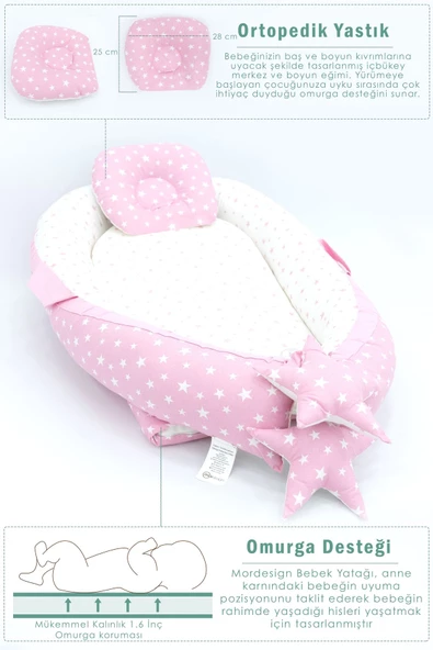 MORDESİGN Ortopedik Bebek Yatak, Pike Ve Puset Aksesuar 6'lı Set, Pembe Renk Stars Desen - 3
