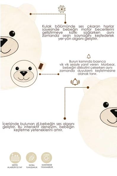 MORDESİGN Bebek/Çocuk Oyun Halısı, Yenidoğan Emekleme Pedi, Aktivite Oyun Matı, Peluş Kumaş, Morbear Serisi - 3