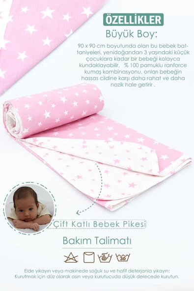 MORDESİGN Ortopedik Bebek Yatak, Pike Ve Puset Aksesuar 6'lı Set, Pembe Renk Stars Desen - 4