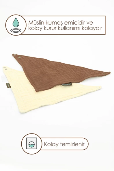 MORDESİGN (2 adet) %100 Organik Pamuk Müslin Kumaş Bebek Fular, Ayarlanabilir İki Çıtçıtlı Bebek Önlük, Kahve - 2