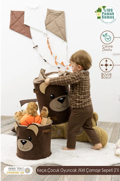 MORDESİGN 2'li Set, Çocuk Saklama Kutusu,Dolap İçi Çamaşır/Oyuncak Düzenleyici, Kirli Sepeti, Morbear Serisi - 2