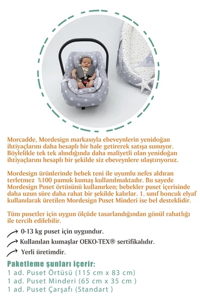 MORDESİGN Ortopedik Bel Destekli Bebek Puset Minderi, Örtü Ve Çarşaf 3'lü Set, Morremix Serisi, Kapiçino - 6