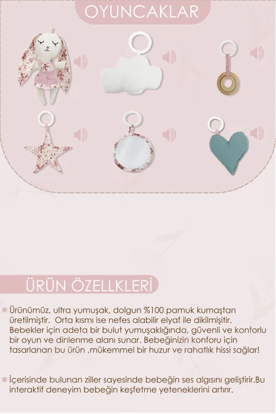MORDESİGN Bebek Oyun Alanı, Tavşan Bebek Aktivite Matı, Yaprak Tasarım Oyun Matı, Baby Gym Serisi, Pudra - 5