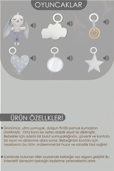 MORDESİGN Bebek Oyun Alanı, Tavşan Bebek Aktivite Matı, Yaprak Tasarım Oyun Matı, Baby Gym Serisi, Gri - 5