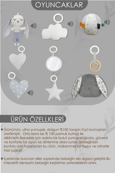 MORDESİGN Bebek Oyun Alanı, Tavşanlı Bebek Aktivite Matı, Yumuşak Oyun Matı, Baby Gym Serisi, Gri - 4