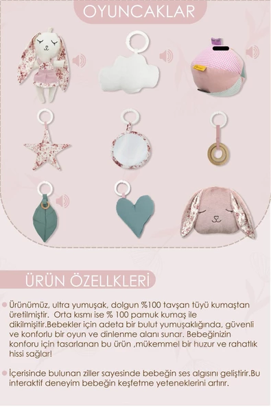 MORDESİGN Bebek Oyun Alanı, Tavşanlı Bebek Aktivite Matı, Güvenli ve Yumuşak Oyun Matı, Baby Gym Serisi, Pudra - 5