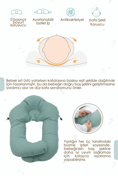 MORDESİGN Moresleep 2'si 1 arada Bebek Sarılma ve Şekillendirme Yastığı, Düz Kafa Yastığı,Pamuklu,Uyku Yastığı - 2