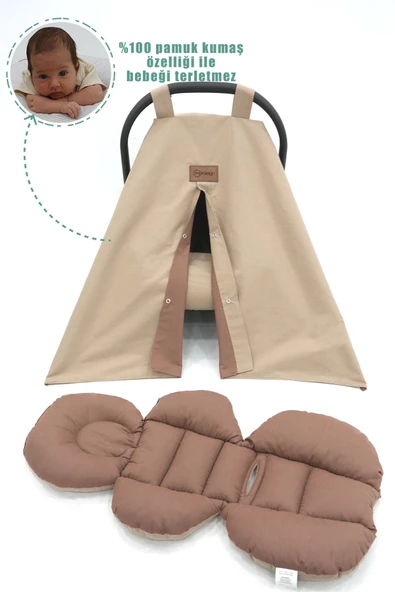 MORDESİGN Ortopedik Bel Destekli Bebek Puset Minderi, Örtü Ve Çarşaf 3'lü Set, Morremix Serisi, Kapiçino - 2
