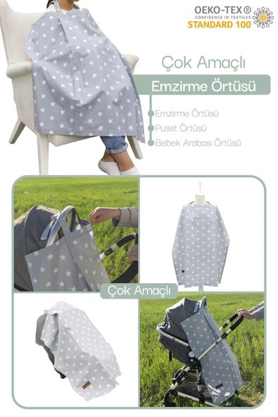 MORDESİGN Çok Amaçlı Bebek Emzirme Örtüsü/Önlüğü; Puset, Bebek arabası örtüsü, Extra Large, Yıldız Serisi, Gri
