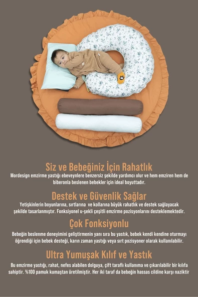 MORDESİGN Çift Taraflı Emzirme Yastığı /bebek Destek Minderi, Hamile Yastığı, Pamuk Kumaş, Yıldız Seri, Kahve - 5