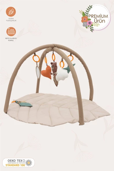 MORDESİGN Bebek Oyun Alanı,Ayı Bebek Aktivite Matı,Yaprak Oyun Matı, Bebek Egzersiz Set,Baby Gym Seri, Bej