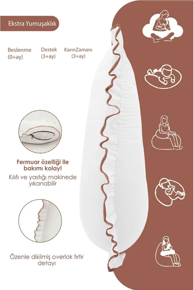 MORDESİGN Fırfırlı Emzirme Yastığı, Bebek Destek Minderi, Hamile Yastığı, Pamuk Kumaş, Ruffle Seri, Beyaz - 3