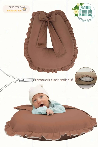 MORDESİGN Fırfırlı Emzirme Yastığı, Bebek Destek Minderi, Hamile Yastığı, Pamuk Kumaş, Ruffle Seri, Kahverengi