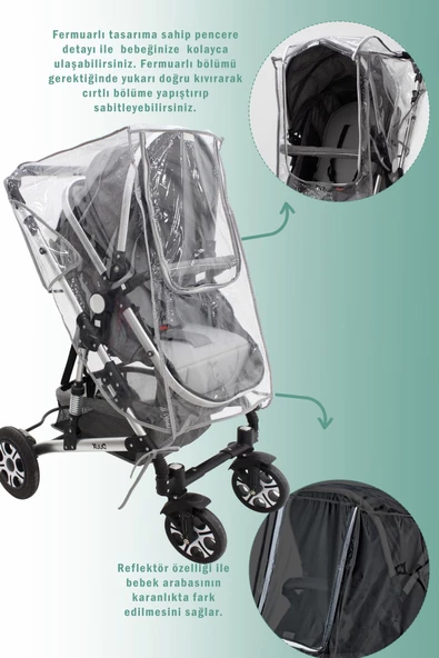 MORDESİGN Fermuarlı Ultra Lüx Bebek Arabası Yağmurluğu, Reflektör Özellikli Yağmurluk - 4