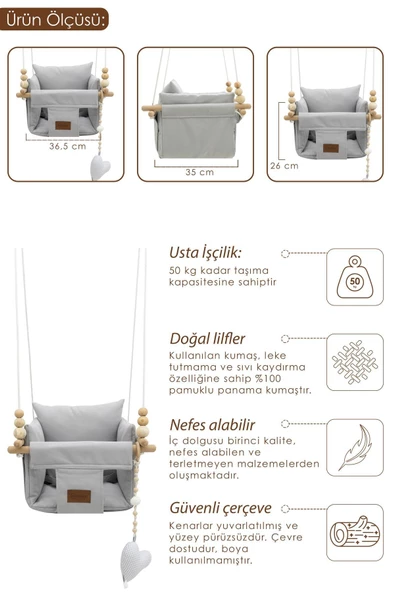MORDESİGN Tavana Asılan Ahşap Bebek Salıncağı, Yastık Ve Minderli Çocuk Ev/bahçe Salıncağı, Pukapuka Serisi - 4