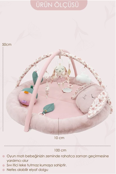 MORDESİGN Bebek Oyun Alanı, Tavşanlı Bebek Aktivite Matı, Güvenli ve Yumuşak Oyun Matı, Baby Gym Serisi, Pudra - 6