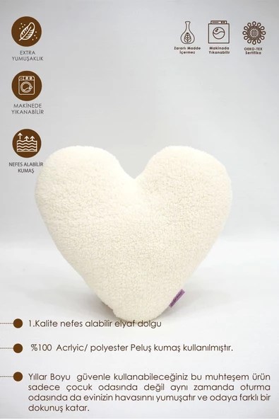 MORDESİGN Dekoratif Peluş Yastık, Teddy Kumaş Kalp Yastık, Süper Yumuşak Kabarık Kalp Yastık, Morteddy Serisi - 5