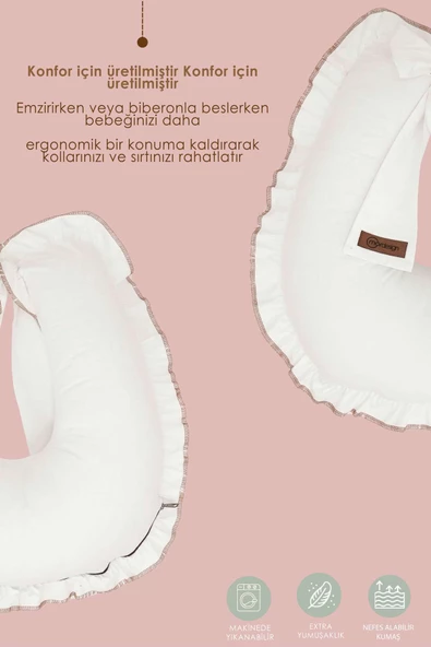 MORDESİGN Fırfırlı Emzirme Yastığı, Bebek Destek Minderi, Hamile Yastığı, Pamuk Kumaş, Ruffle Seri, Beyaz - 5