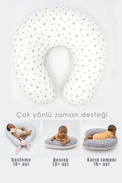 MORDESİGN Emzirme Yastığı, Bebek Destek Minderi, Hamile Yastığı Pamuklu Kumaş, Küçük Yıldız Serisi, Gri - 3