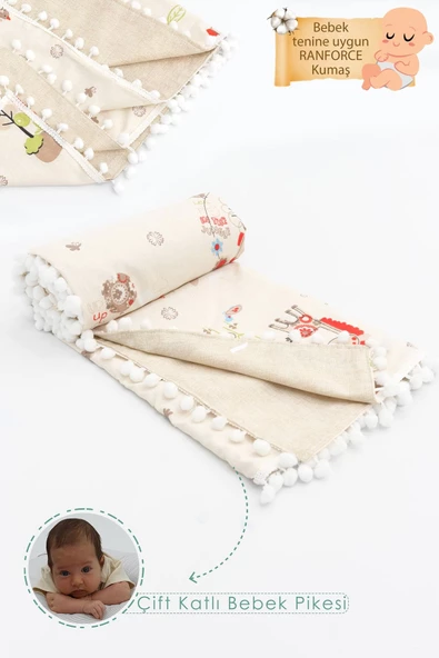 MORDESİGN Çift Kat Bebek Pikesi, Yenidoğan Için Kundak Battaniye, Kenar Ponponlu Pike, Animal Serisi