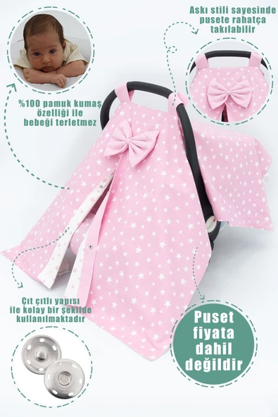 MORDESİGN Ortopedik Bebek Yatak, Pike Ve Puset Aksesuar 6'lı Set, Pembe Renk Stars Desen - 5