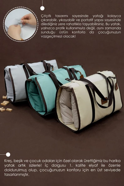 MORDESİGN Çocuk için Taşınabilir Yatak Seti, Kreş Yatak Seti, Kanvas Çantalı Yatak Set, Travel Serisi - 3