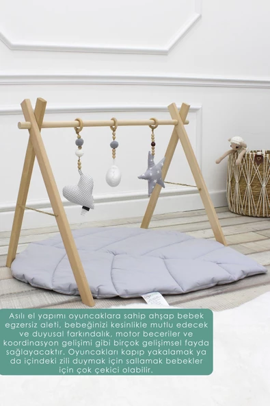 MORDESİGN Ahşap Bebek Egzersiz Aleti, (oyuncaklar Dahil), 3'lü Çıngırak Oyuncak, Naturel Seri, Gri - 2