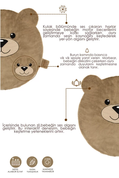 MORDESİGN Bebek/Çocuk Oyun Halısı, Yenidoğan Emekleme Pedi, Aktivite Oyun Matı, Peluş Kumaş, Morbear Serisi - 3