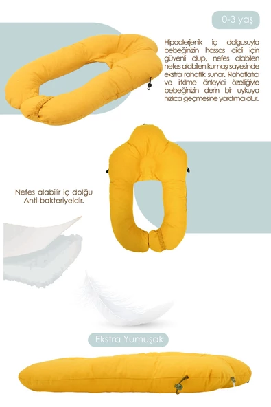MORDESİGN Moresleep 2'si 1 arada Bebek Sarılma ve Şekillendirme Yastığı, Düz Kafa Yastığı,Pamuklu,Uyku Yastığı - 4