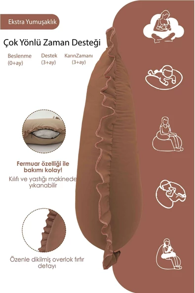 MORDESİGN Fırfırlı Emzirme Yastığı, Bebek Destek Minderi, Hamile Yastığı, Pamuk Kumaş, Ruffle Seri, Kahverengi - 3