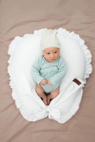 MORDESİGN Fırfırlı Emzirme Yastığı, Bebek Destek Minderi, Hamile Yastığı, Pamuk Kumaş, Ruffle Seri, Beyaz - 6