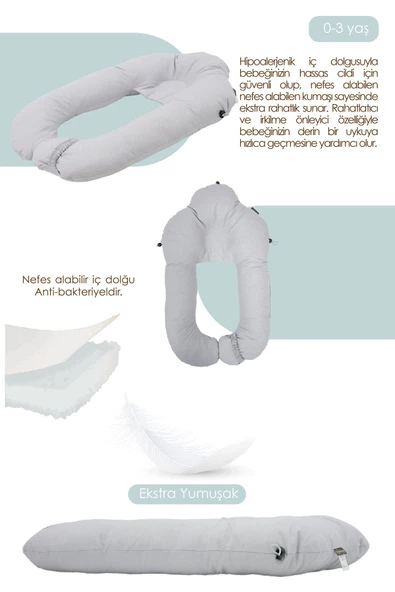 MORDESİGN Moresleep 2'si 1 arada Bebek Sarılma ve Şekillendirme Yastığı, Düz Kafa Yastığı,Pamuklu,Uyku Yastığı - 3