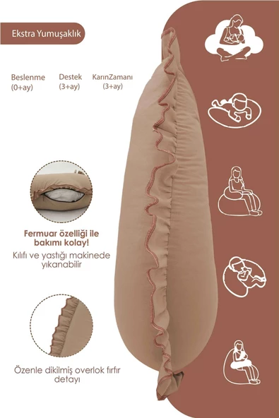MORDESİGN Fırfırlı Emzirme Yastığı, Bebek Destek Minderi, Hamile Yastığı, Pamuk Kumaş, Ruffle Seri, Kapiçino - 3