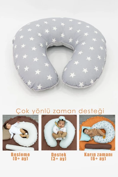 MORDESİGN Çift Taraflı Emzirme Yastığı /bebek Destek Minderi, Hamile Yastığı, Pamuk Kumaş, Yıldız Seri, Gri - 2