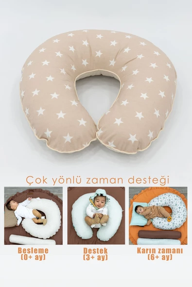 MORDESİGN Çift Taraflı Emzirme Yastığı /bebek Destek Minderi, Hamile Yastığı, Pamuk Kumaş, Yıldız Seri, Kahve - 2