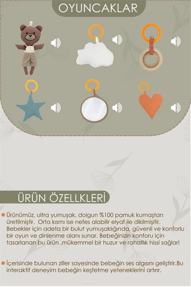 MORDESİGN Bebek Oyun Alanı,Ayı Bebek Aktivite Matı,Yaprak Oyun Matı, Bebek Egzersiz Set,Baby Gym Seri, Haki - 5