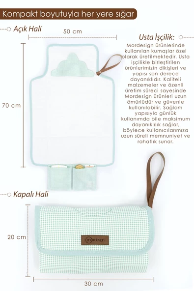 MORDESİGN Bebek Çanta Alt Açma Minderi, Alt Değiştirme Pedi, Taşınabilir Bakım Çantası, Clutch Seri, Mint - 3