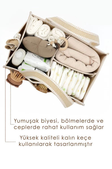 MORDESİGN Kalın Keçe Anne Bebek Bakım Çantası, Organizer, Çok Gözlü Düzenleyici, Gingham Serisi, Kapiçino - 5