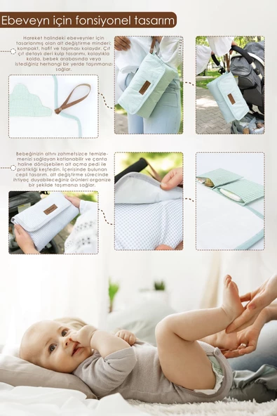 MORDESİGN Bebek Çanta Alt Açma Minderi, Alt Değiştirme Pedi, Taşınabilir Bakım Çantası, Clutch Seri, Mint - 2