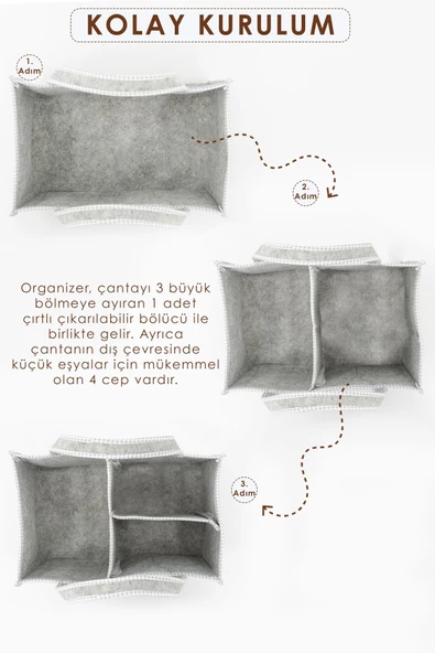 MORDESİGN Çok Amaçlı Kalın Keçe Anne Bebek Bakım Çantası, Dolap İçi Organizer, Scotch Serisi - 6