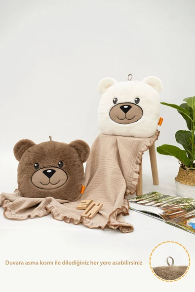 MORDESİGN Peluş Ayı Yastık, Sevimli Ayı Nakışlı Kırlent, Peluş Ayı Oyuncak, Bebek Yastık, Morbear Serisi - 3