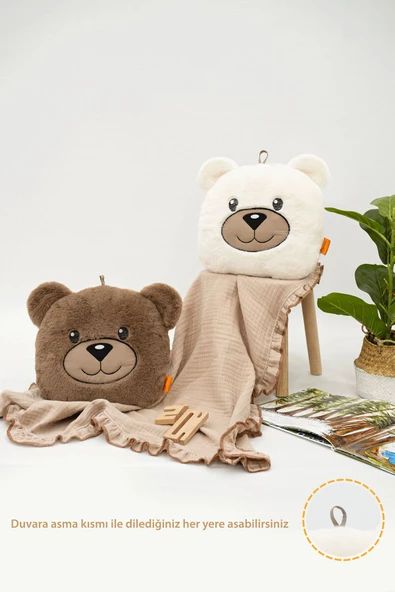 MORDESİGN Peluş Ayı Yastık, Sevimli Ayı Nakışlı Kırlent, Peluş Ayı Oyuncak, Bebek Yastık, Morbear Serisi - 3