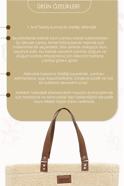 MORDESİGN Mommy Bag,Anne Bebek Bakım Çantası,Cüzdan Hediyeli, XL Büyük Boy,Kadın Çantası,Morteddy Serisi - 6