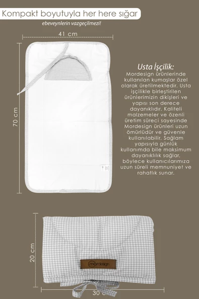 MORDESİGN Bebek Çanta Alt Açma Minderi Alt Değiştirme Pedi Taşınabilir Bakım Örtüsü Care Seri Gri - 4